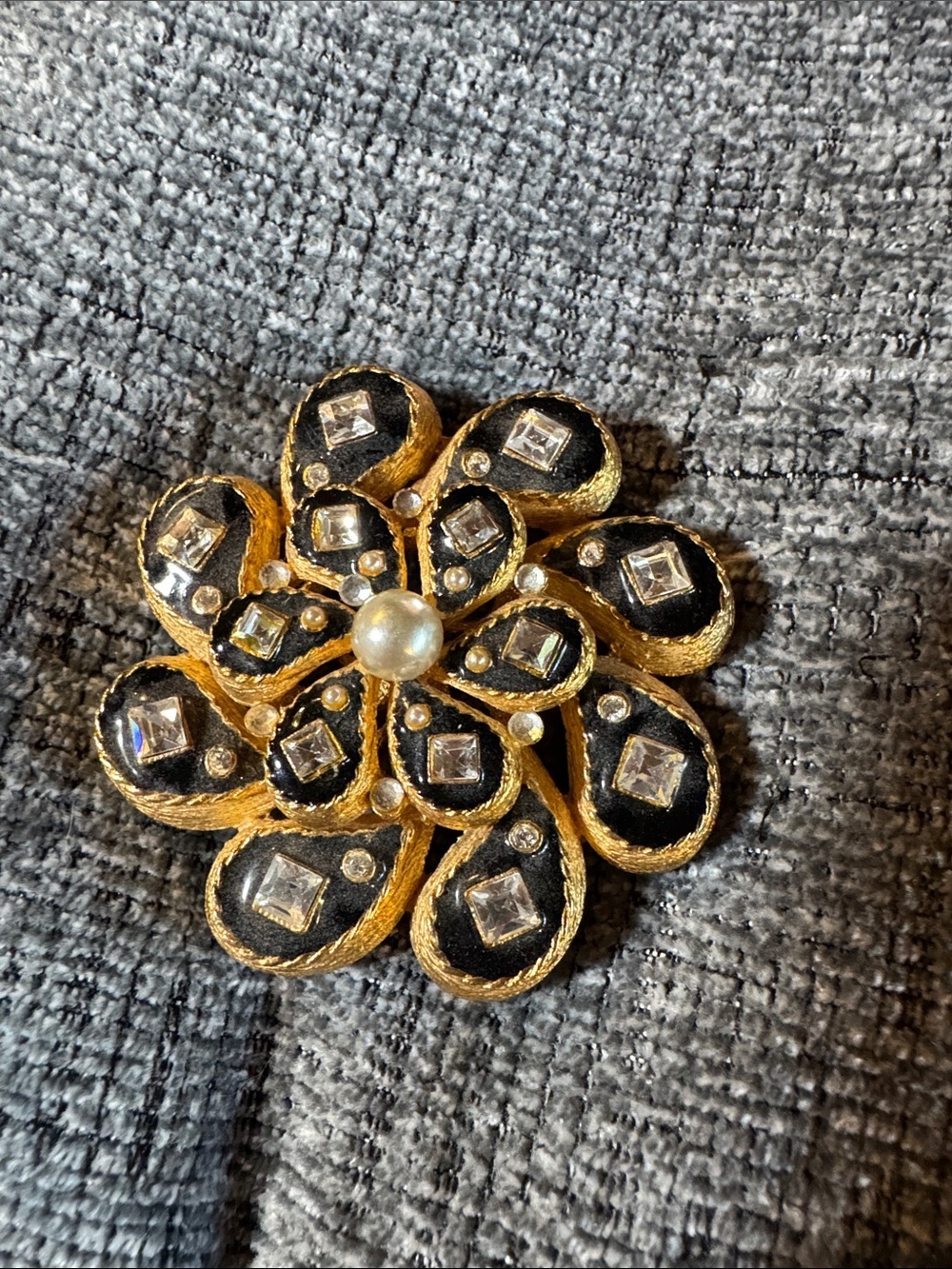 Craft Gold and Black Floral Crystal Brooch with Pearl